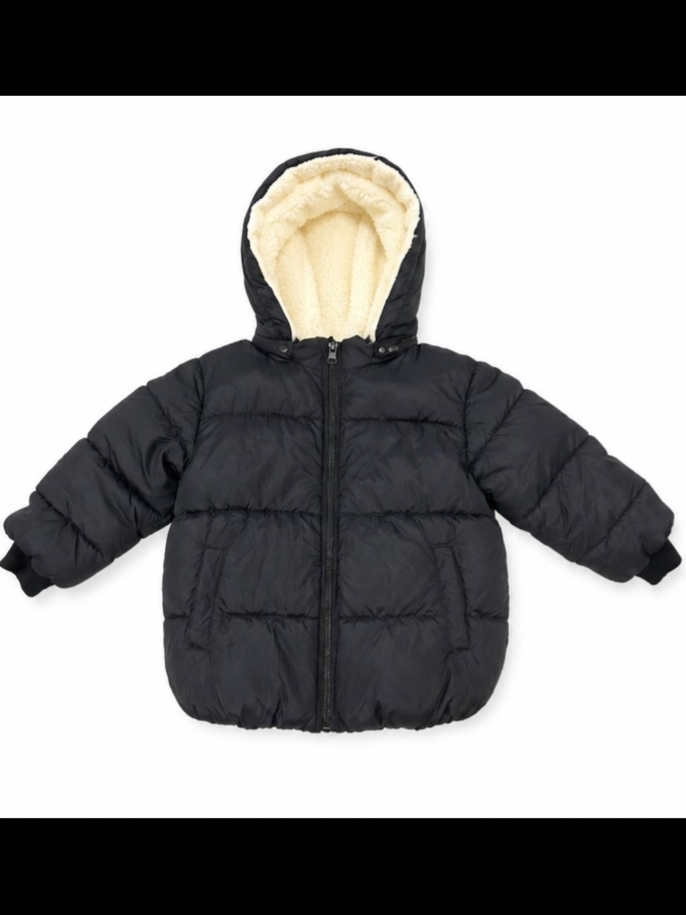 Kids Black Puffer Jacket with Sherpa Fleece-Lined Hood | Size 110/US size 5